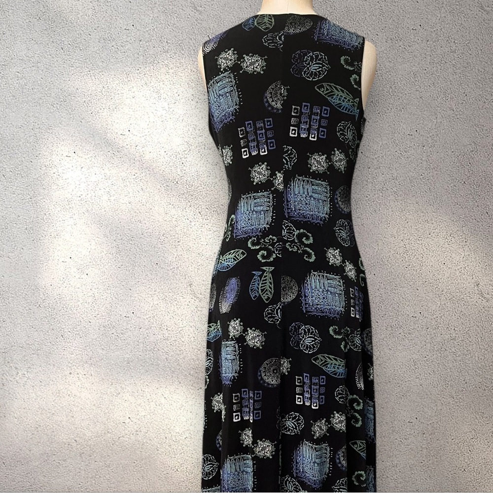 Vintage 90s Black Printed Tank Midi Dress Slinky Lightweight Resortwear - Picture 4 of 5